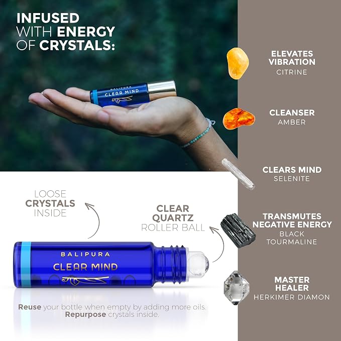 BALIPURA - Crystal Aura Roll On - Clear Mind Aromatherapy Oil - Tea Tree Essential Oils Roll on with Crystals - Essential Oils - Scented Oils - Gifts for Women