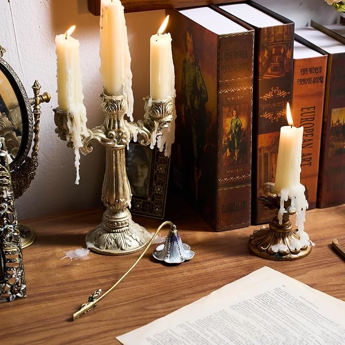 Flower Candle Snuffer - Vintage Purple & White Floral Bell Candle Extinguisher with Crystal Leaf Handle, Long Stem Decorative Candle Accessory for Home Décor, Garden Lover Gift