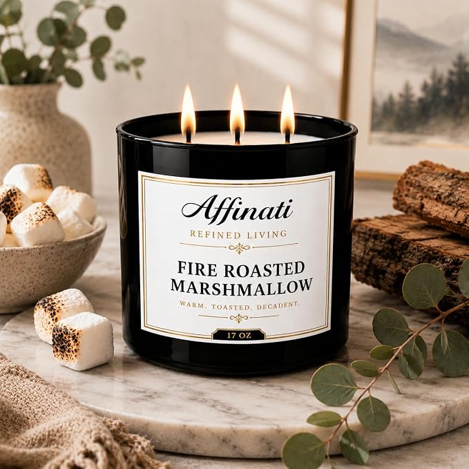 Affinati Fire Roasted Marshmallow 3 Wick Scented Candle – Large Soy Blend Candle, Strong Scent Throw Sweet Smoky Toasted Sugar Gourmand Candle, Premium Home Fragrance Gift