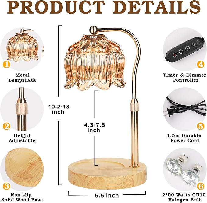 Funistree Flower Candle Warmer Lamp with Timer, Dimmable Candle Lamp Warmer, Christmas Birthday Gifts for Women Mom Her, Housewarming Home Decor, Lotus Wax Warmer for Yankee Candles - Warm Amber