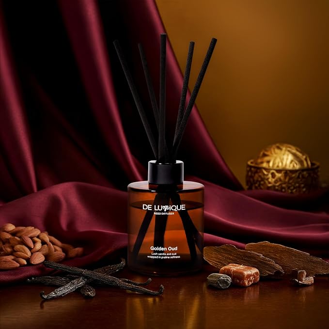 Golden Oud Scent Reed Diffuser – Room Scent Diffuser with Almond, Vanilla, Oud & Damask Rose – Long Lasting Home Fragrance Diffuser – Aromatherapy for Every Room – 150ml