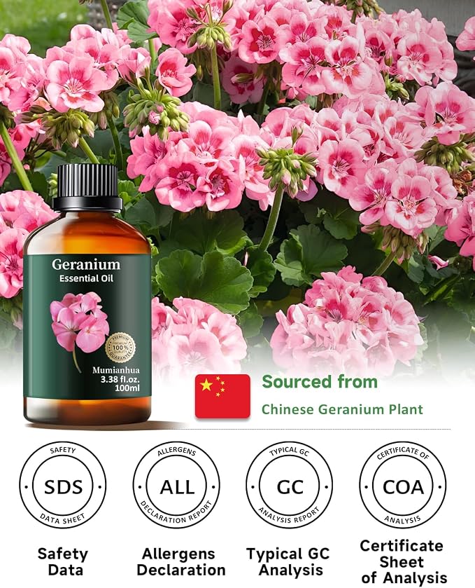 Geranium Essential Oil, Mumianhua Pure Rose Geranium Natural Oil for Outdoor Protective Barrier & Garden Freshness, Floral Aroma for Diffuser, Skin, Hair, DIY Spray – 3.38 Fl Oz
