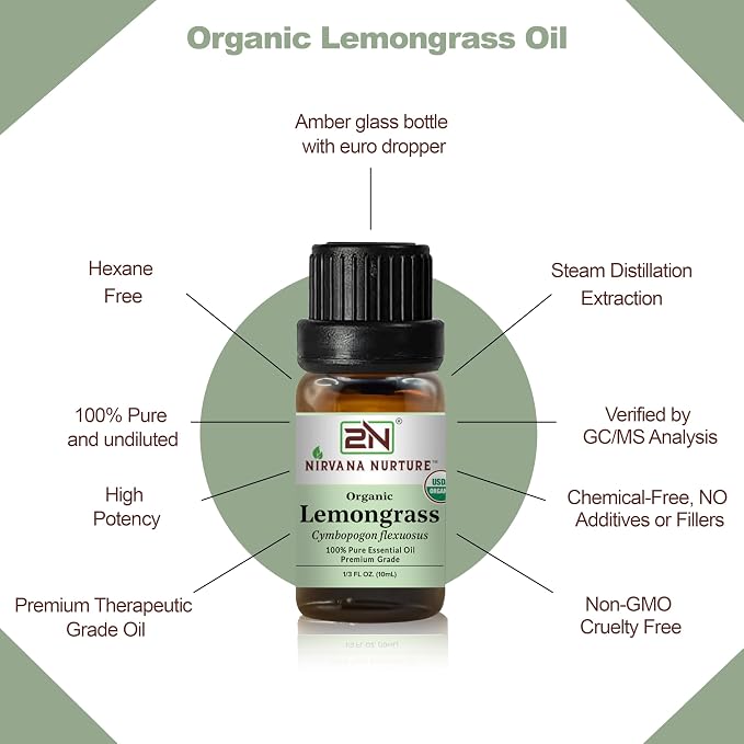 Lemongrass Essential Oil, USDA Certified Organic, 100% Pure Undiluted, Aromatherapy Oil for Diffuser, Hair & Skin Care