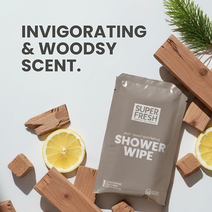 Super Fresh Shower Body Wipes, Travel Essentials for Camping, Large Sandalwood Wipes for Adults, Women, Men, Kids Personal Hygiene Cloth Enriched with Aloe and Vitamin E, Individually Wrapped 50 Pack