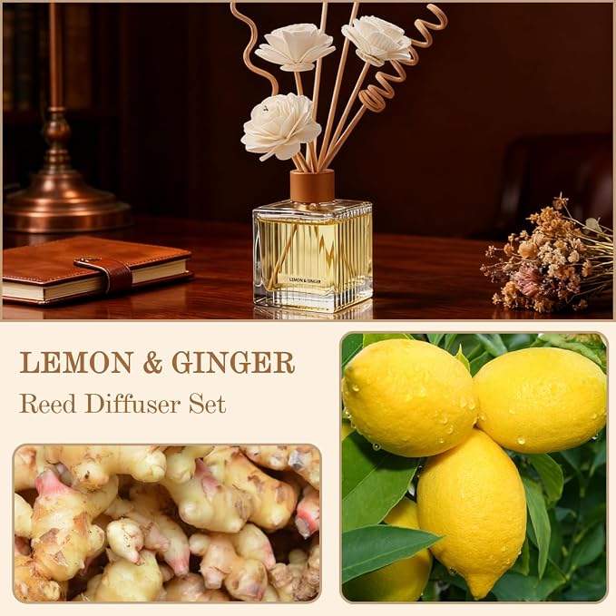 Lemon & Ginger Reed Diffuser - 6.7 oz Glass Bottle with 4 Rattan Sticks, 3 Dried Flowers | Adjustable, Long-Lasting Scent for Home, Bedroom, Living Room, Office, Bathroom | Aromatherapy Gift