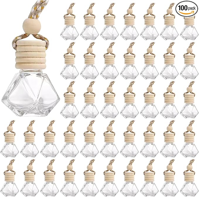 Hanging Car Air Freshener Diffuser, Set of 100 8ml Empty Glass Essential Pendant Bottles, Automotive Oil Aromatherapy Fragrance Perfume jars