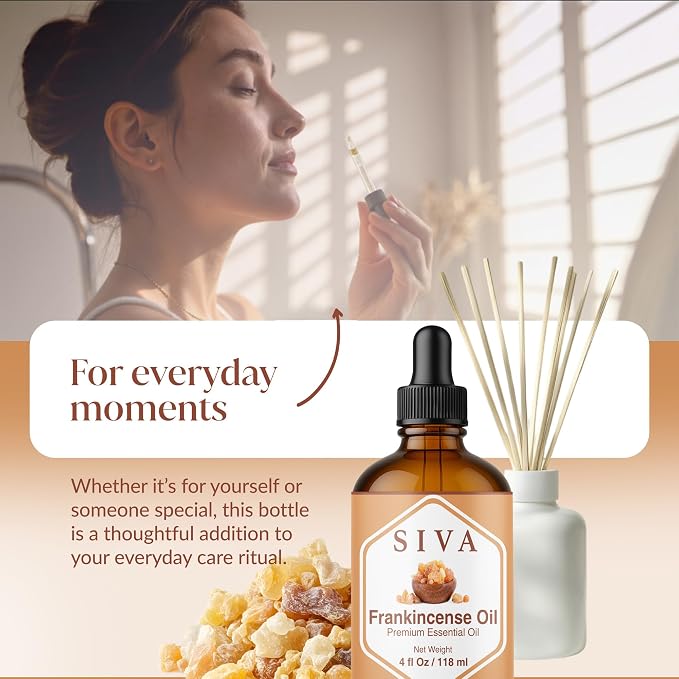 Siva Frankincense Essential Oil 4 Fl Oz – for Diffuser, Skin & Hair Care – Ideal for Aromatherapy, Massage & DIY Blends - with Dropper