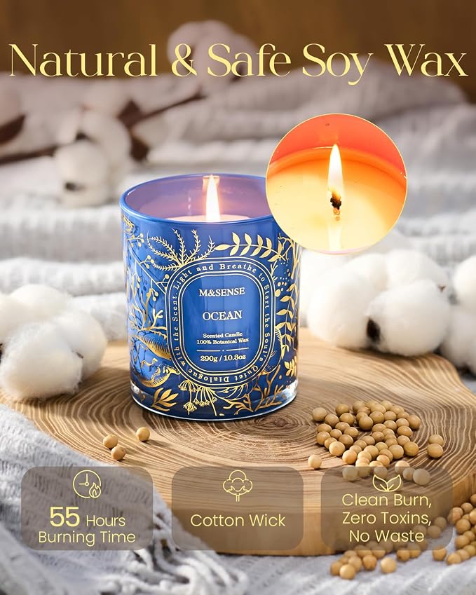 M&SENSE Ocean Breeze Soy Candle, Coastal Relaxation 55H Gift | Ocean Air Purifying, Clean Soy Wax Long Burning, Summer Beach Escape For Rooms, Stress Relief Bathtub, Reusable Matte Jar