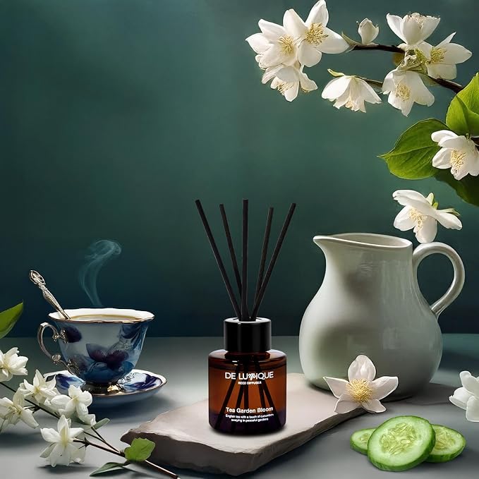 Tea Garden Bloom Scent Reed Diffusers for Home – Aroma Diffuser with English Tea, Cucumber, Davana & Musk – Formula – Long Lasting Scent for Bedroom, Office, or Living Room – 50ml