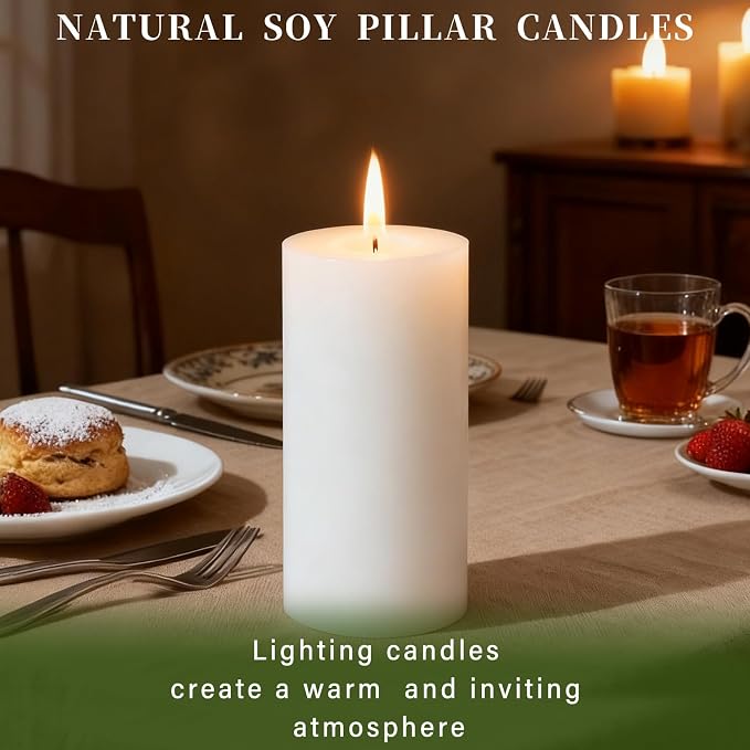 2.8x6 Inch Soy White Pillar Candles 255 Hours Long Burning Natural Unscented Non-Toxic White Soy Wax Candle Handmade Smokeless Soybean Pillar Candle for Wedding Table Home, 3 Pack