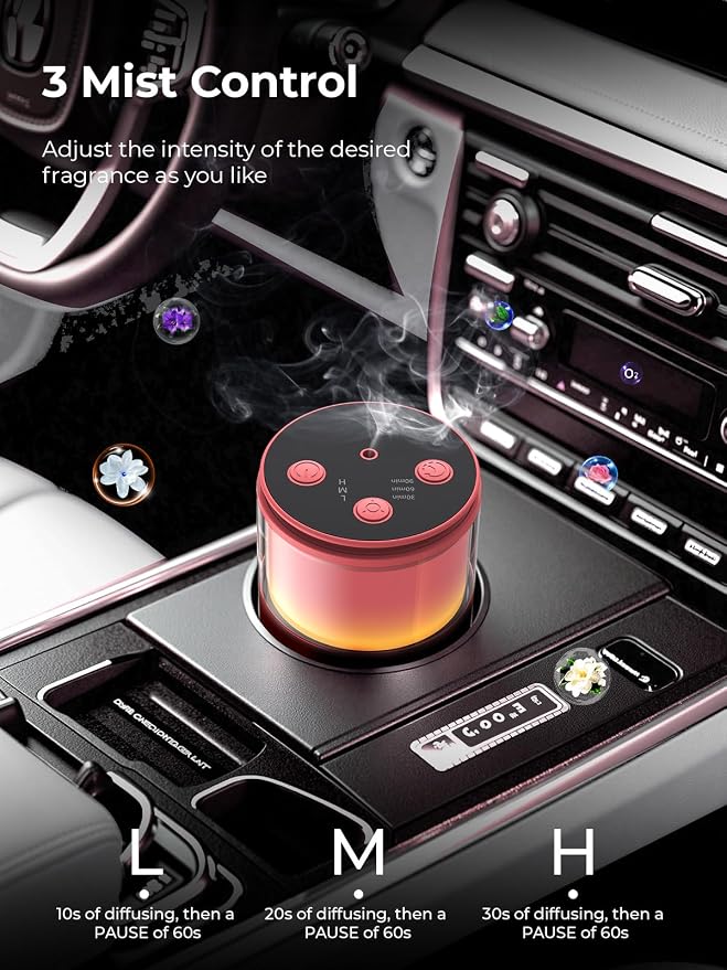 Waterless Essential Oil Diffuser: 𝟗 𝐂𝐨𝐥𝐨𝐫𝐬 𝐋𝐄𝐃 Scent Diffuser for Home&Car&Office - Portable Diffuser with 48H Battery, 4 Timers & 3 Mist Levels, Bright Red