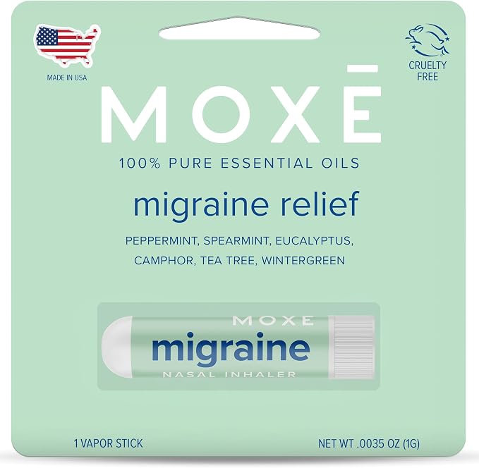 MOXE Migraine Relief Nasal Inhaler, Essential Oils for Headaches & Tension Relief, Portable Aromatherapy, Easy-to-Use, Pure & Undiluted, Peppermint, Spearmint, Eucalyptus, Tea Tree, 1 Pack