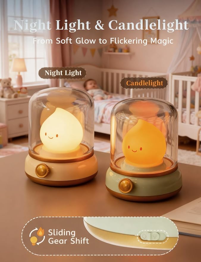 Smiley Night Light, Rechargeable Bedside Lamp with Timer & Dimmable Candle Flame, Portable LED Light for Baby Nursery, Bedroom, Camping - Cute Desk Decor & Gift