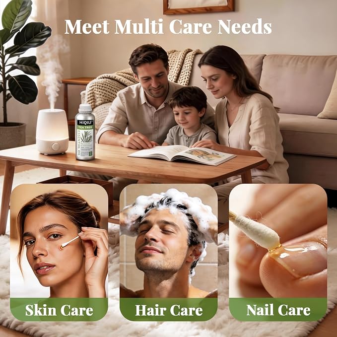 HIQILI Tea Tree Oil 32 Fl Oz, for Skin, Hair, Nail, Diffuser, Soap Making, Includes Four Portable Decanters