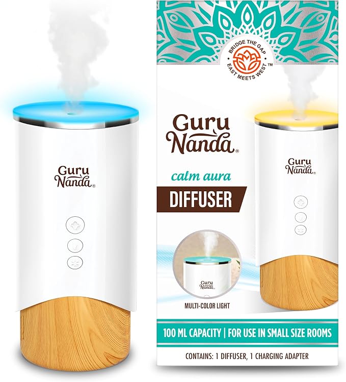 GuruNanda Calm Aura Essential Oil Diffuser, Sleek Modern Corded Electric Aromatherapy Diffuser with Turbo & Mist Modes, Auto Shut-Off Safety, Covers 250 Sq Ft, White, 100 ml