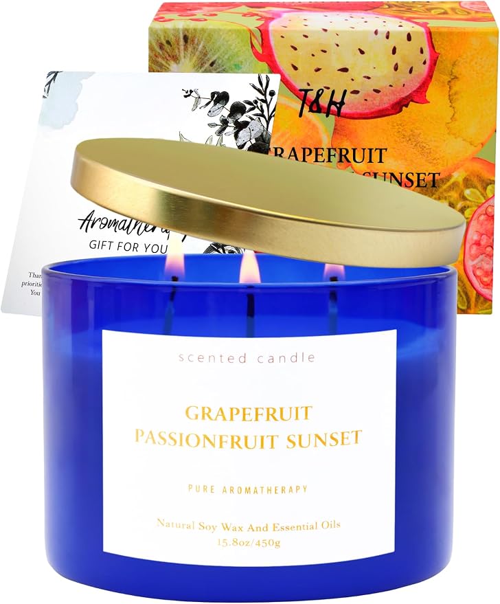 Grapefruit Passionfruit Sunset Scented Soy Candle | Large 3 Wick Candle for Home, 15.8 oz | Sweet Tropical & Fruity Candle | Summer Candles for Women & Men | Birthday Gifts for Women & Her
