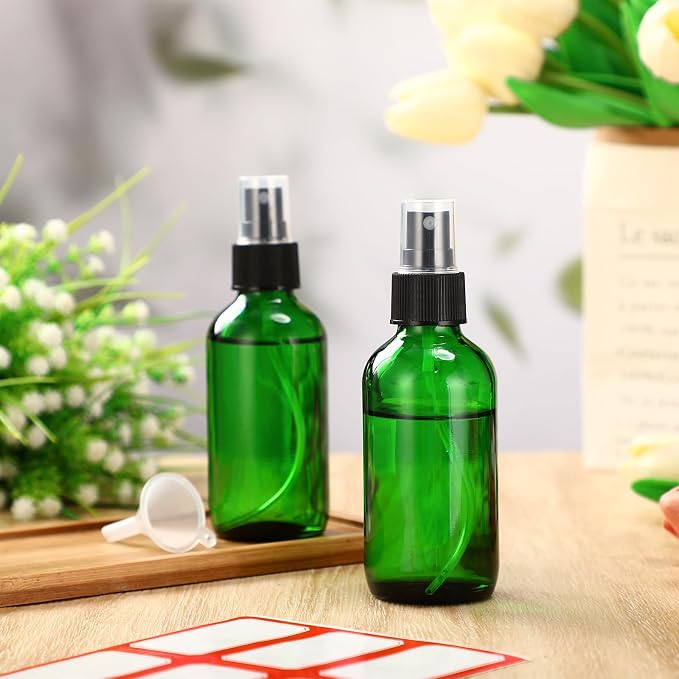 Fumete 2 Pack Glass Bottles 4oz Empty Refillable Liquid Containers with 1 Label 1 Funnel for Essential Oils Hair Travel Plants Cleaning Skin Care(Green, Black Top,Mist Bottle)