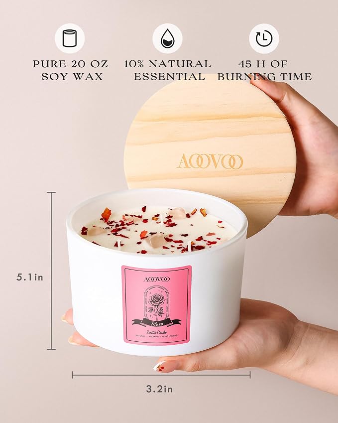 AOOVOO Rose Scented Candles for Women - 20oz 3 Wick Soy Candles for Home Scented, Aromatherapy Candle with Crystals Inside, Birthday Gifts Valentines Day Candle for Women Mom