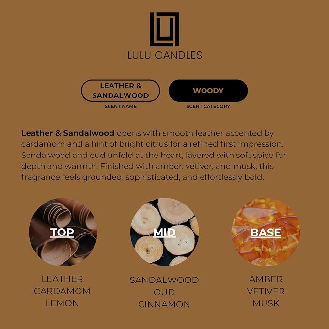 Lulu Candles | Leather & Sandalwood Scented Candle | Warm Sandalwood, Leather & Amber Fragrance | Luxury Soy Jar Candle | Highly Scented, Long Lasting Burn | Home Fragrance (9 Oz.)
