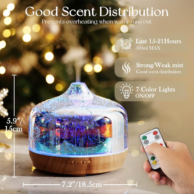 Porseme 500ml Glass Essential Oil Diffuser Aromatherapy Ultrasonic Cool Mist Humidifier 15-21 Running Hours Diffusers with Remote Control for Sleeping Yoga Working Spa(Silver