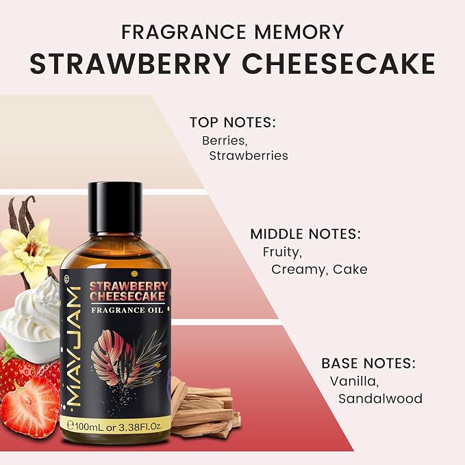 Strawberry Cheesecake Fragrance Oil Essential Oil, MAYJAM 3.38FL.OZ Strawberry Cheesecake Oil for Diffusers for Home, Long Lasting Scented Oils for Soap Candle Making - 100ML