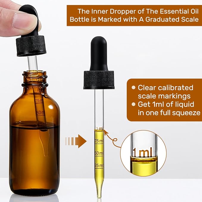 4 Pack 1 oz Glass Dropper Bottles with Measured Dropper - 30ml Dark Amber Tincture Bottles with Graduated Calibrated Glass Eye Droppers (1ml) for Essential Oils, Liquids - Leakproof Travel Bottles