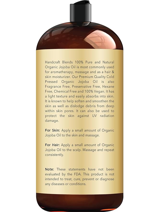 Handcraft Blends USDA Organic Jojoba Oil | Cold-Pressed | 28 Fl Oz | 100% Pure & Natural | for Hair, Skin & Face | Premium Grade Carrier Oil | for Massage & Aromatherapy | Hexane-Free