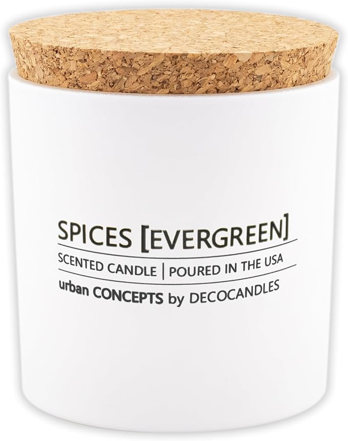 Urban Concepts by DECOCANDLES - Spices & Evergreen - Highly Scented Soy Candle - Long Lasting - Hand Poured in USA (9 Oz. Cork)