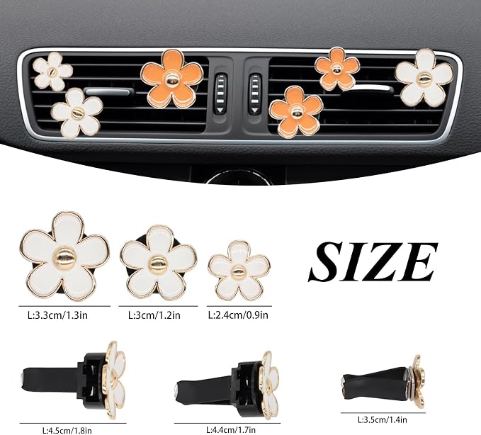 ORIESSE 6pcs Daisy Flower Air Vent Clips Car Air Fresheners White Orange Cute Daisy Car Decor Girly Car Accessories for Women Sparkle 3.3cm/3cm/2.5cm Flower Car Vent Clips Refillable Car Diffuser