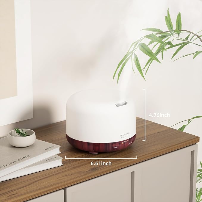 ASAKUKI Essential Oil Diffuser for Home, 500ML Aromatherapy Diffuser Humidifier with Remote Control, 7 Color LED Lights, Quiet Cool Mist Diffuser for Bedroom, Living Room, Office (Reddish-Brown)