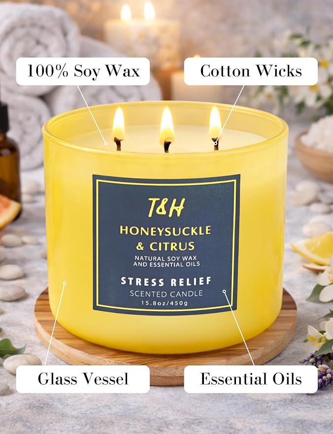 Honeysuckle Citrus Scented Soy Candle | Large 3-Wick Candle for Home, 15.8 oz | Fresh Floral Citrus Candle | Summer Candles for Women & Men | Thank You & Hostess Gifts for Women