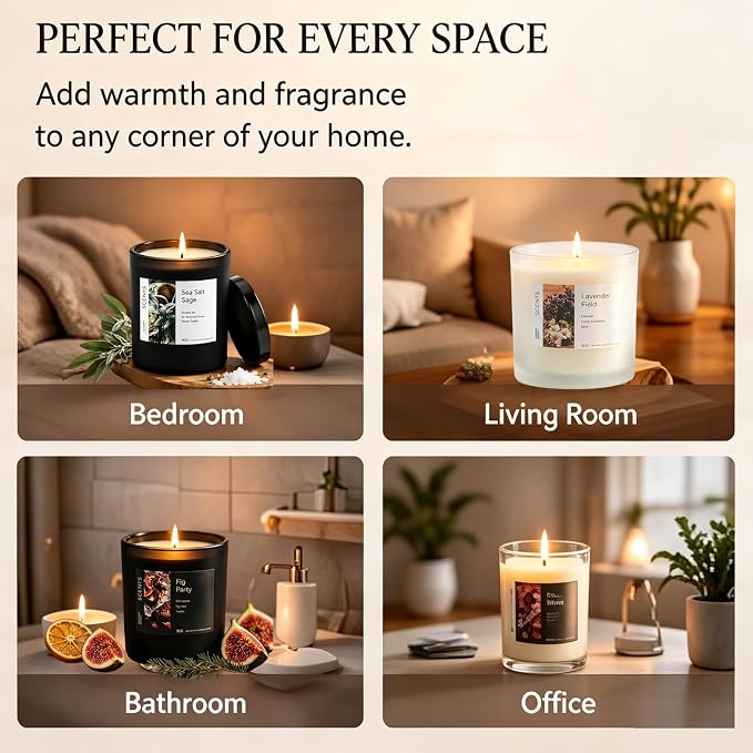 4-Pack Soy Candle Gift Set, Natural Aromatherapy Candles - Sea Salt Sage, Fig Fir, Lavender Eucalyptus, Velvet Rose, 5oz Each 150 Hour, Aromatherapy Candle Gift Set for Home, Relaxation & Spa
