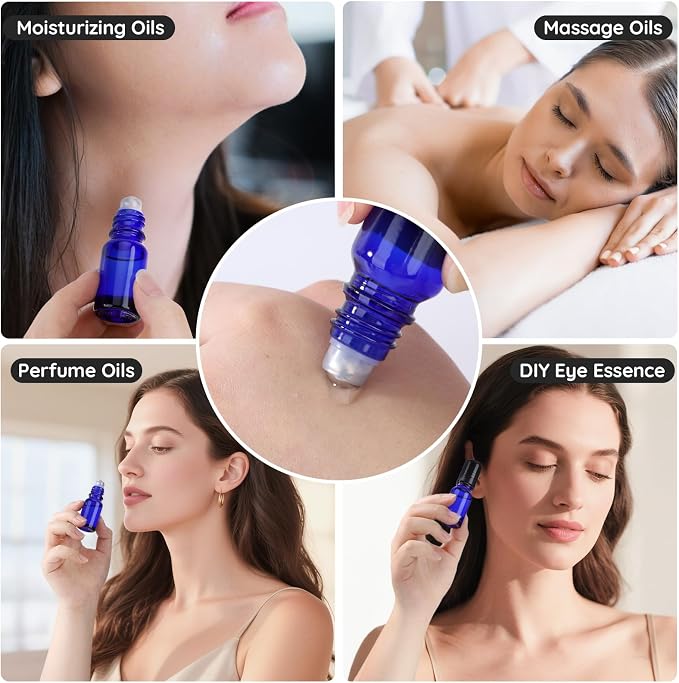 Segbeauty 0.34oz Empty Rollerball Bottles for Oil, 10ml Mini Glass Roller Bottles for Essential Oils, 5pcs Blue Travel Size Roller Ball Applicator Container, Small Travel Perfume Bottle Refillable