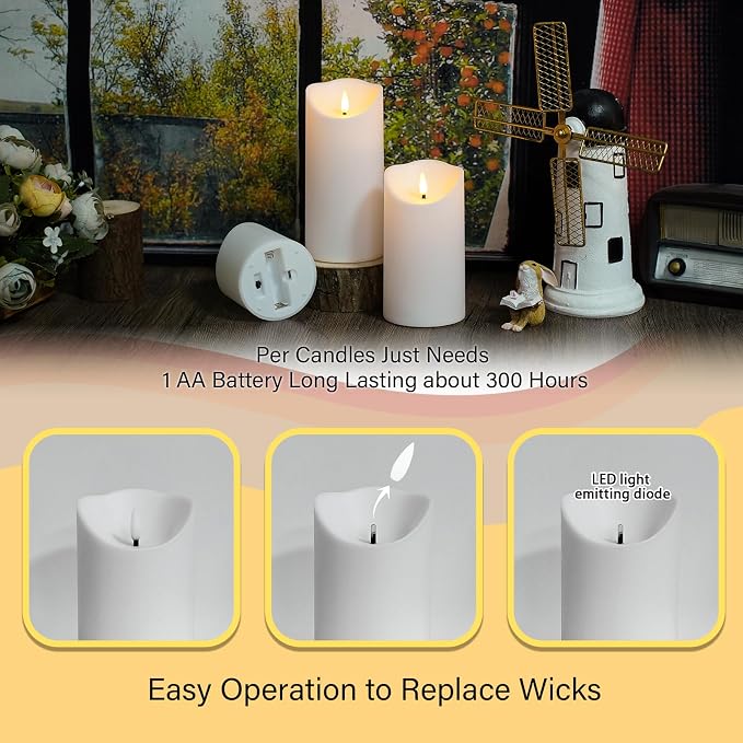 Nimiko Flameless Candles with Remote, Battery Operated Flickering Flameless Candles, LED Candles with Timer 2/4/6/8H, with Realistic LED Candles Set of 9 (D3 x H 3" 4" 5" 6" 7") (White)