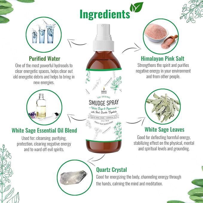 Soul Sticks Smudge Spray for Cleansing Negative Energy and Purifying Home | Made with White Sage and Quartz Crystals | 3.5 oz. Bottle (White Sage & Peppermint)