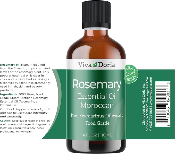 Viva Doria Rosemary Essential Oil, 100% Pure, Natural Essential Oil, Undiluted, for Aromatherapy | Food Grade, 118 mL (4 Fluid Ounce)