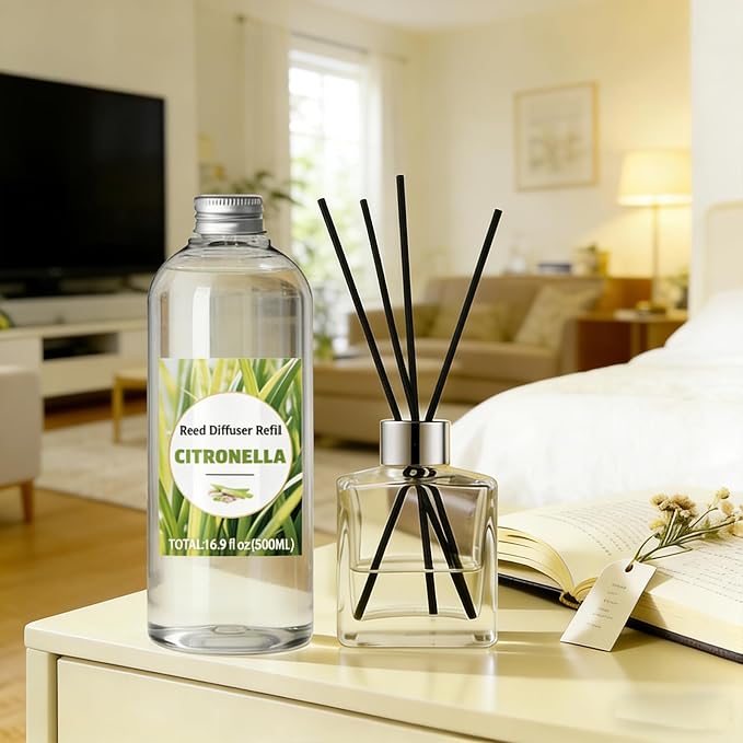 STRN Citronella Reed Diffuser Set, Lemongrass Diffuser Oil Refill, with 6 Sticks 500ML(16.9fl.oz), Room Fresheners for Home, Long-Lasting Scented Fragrance for Summer, Living Room, Bedroom, Office