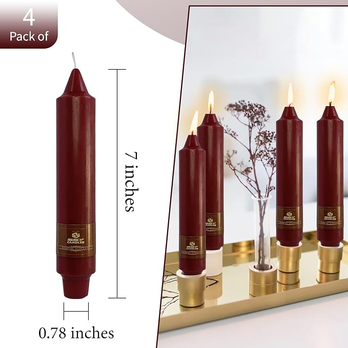 Red Taper Candles Unscented Tapered Candlesticks 7 Inch Dinner Candle 4 PCS Smokeless Candle for Christmas Household Wedding Home Decor