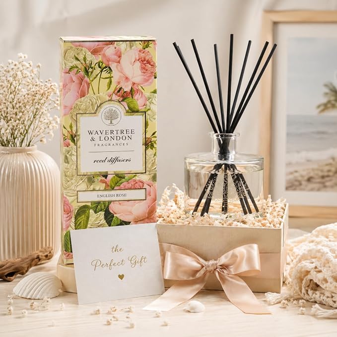 Wavertree & London Natural English Rose Scented Reed Diffusers Set - Long Lasting Aromatherapy Air Freshener Diffuser with Sticks for Home & Office | 250ml Scented Diffuser with 6 Months Scent Life