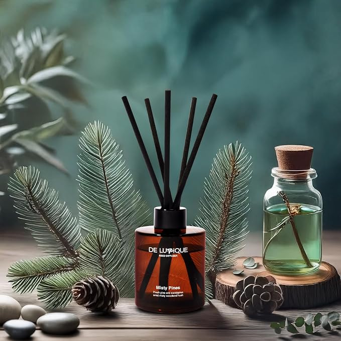 Misty Pines Scent Reed Diffuser – Luxury Reed Diffuser with Fresh Pine, Eucalyptus, Rosemary & Sweet Amber – Long Lasting, Crafted by Perfumers Home Fragrance – 150ml