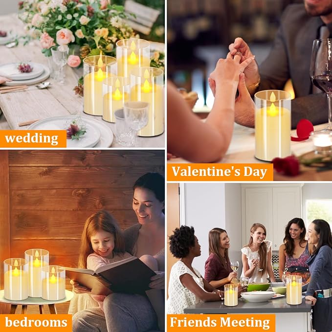 wemarry Flameless Candles 4" 5" 6" Acrylic Glass Pillars 3" Diameter Battery Operated Flickering Candles Include 8-Key Remote with Timer Function 400+ Hours (Pure White, Warm Light 12 Pack)