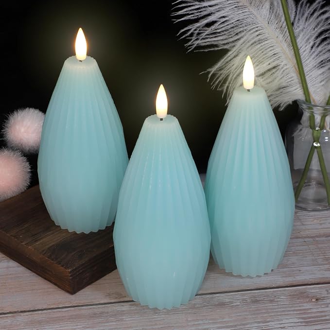 Blue Ribbed Flameless Candles with Remote Flickering Realistic Battery Powered LED Real Wax Decorative Candle Geometric Aesthetic Modern Ocean Decor for Home Table Fireplace, 3 Pack