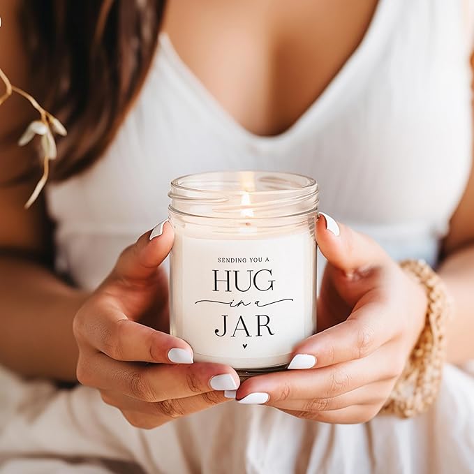 ThreeKin Warm Hug in a Jar Scented Candles for Home, Relaxing Aromatherapy Gifts for Women with Lavender Essential Oils, Natural Soy Wax Blend, Long 65-Hour Burn, Friendship Gifts, 9 Oz