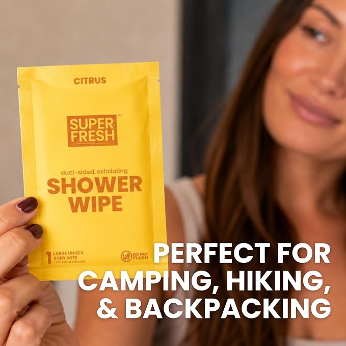 Super Fresh Shower Body Wipes, Travel Essentials for Camping, Large Citrus Wipes for Adults, Women, Men, Kids Personal Hygiene Cloth Enriched with Aloe and Vitamin E, Individually Wrapped 10 Pack