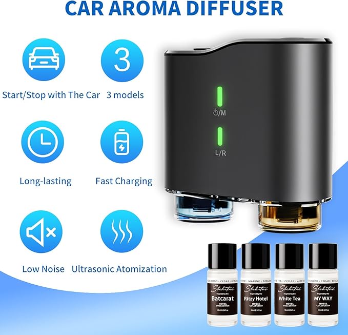 Waterless Car Diffuser Kit with 4 Fragrance Oils – Luxury Hotel Inspired Aromatherapy Air Freshener for Car, Vehicle, Office & Small Spaces (Black, Hotel Fragrance)