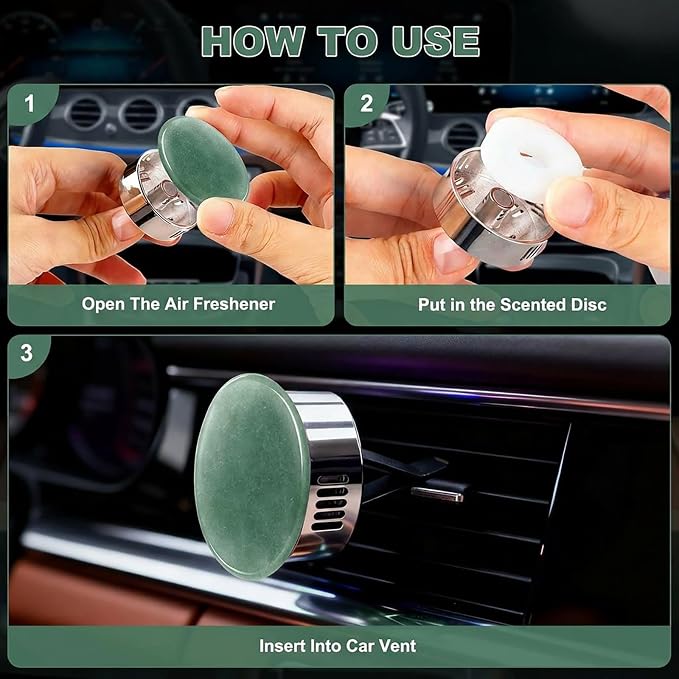 Car Vent Freshener Natural Green Aventurine Air Freshener Gift Box Scented Diffuser with 5 Unique Fragrances (Cologne, BlueBell, Bergamot, Rose, Tea Fragrance) -Long-Lasting Aromatherapy for Car