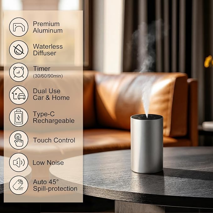 Homease Waterless Essential Oil Diffuser, Portable Cordless Aromatherapy with 3 Timers & Mist Levels, Rechargeable for Home Car Office, Premium Metal Silver