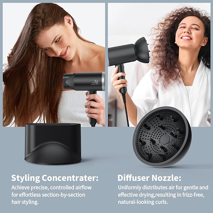 ANNE BETTY Ionic Hair Dryer with Diffuser, 1800W Blow Dryer for Women & Men, Fast-Drying, Lightweight, Low Noise, Hair Care Styling Tool for Home, Travel, Gifting