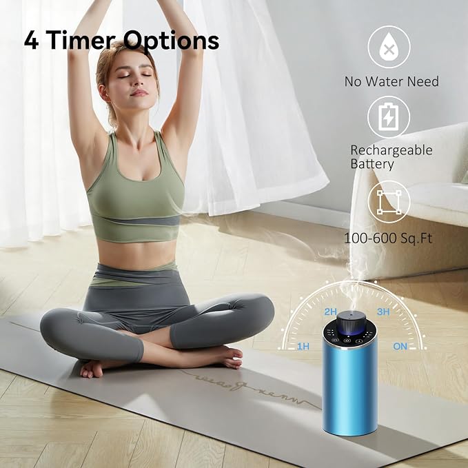 Waterless Essential Oil Diffuser Aromatherapy Scent Diffusers for Home Large Room, Bedroom, Car, Office, Desk, Battery Operated Mini Portable Air Freshener, 3 Countdown Timers & 3 Mist Levels