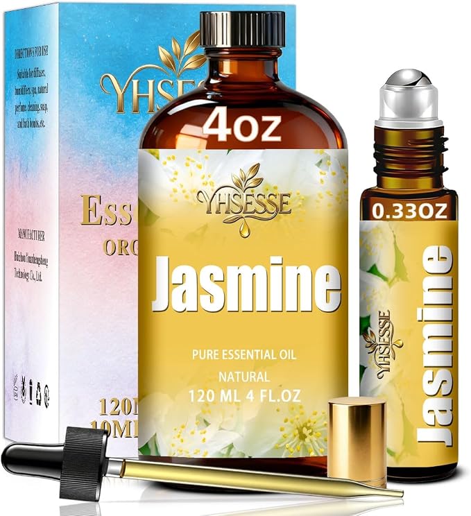 Jasmine Essential Oil, Jasmine Oil 4 Fl Oz 120ml for Diffuser Yoga Soap & Candle Making – with 0.33 Oz Roller Ball & Dropper YHSESSE Essential Oils